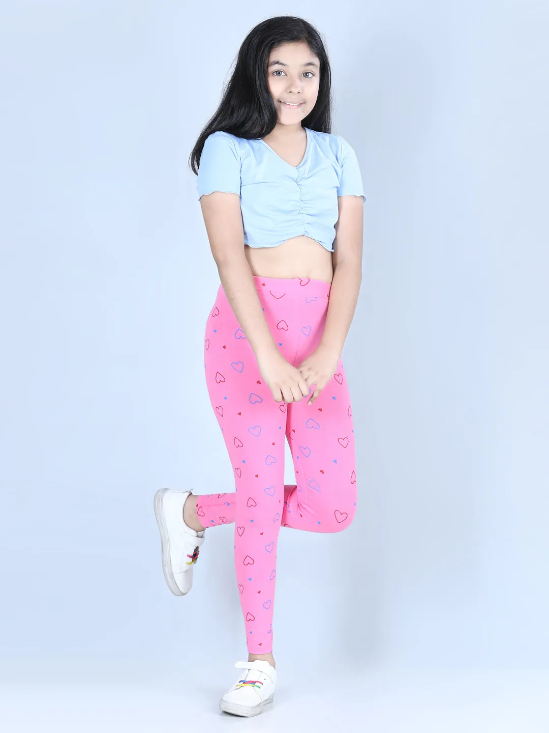 Girl's Heart Printed Leggings With Flat Waistband- Pink - Stylestone Kid