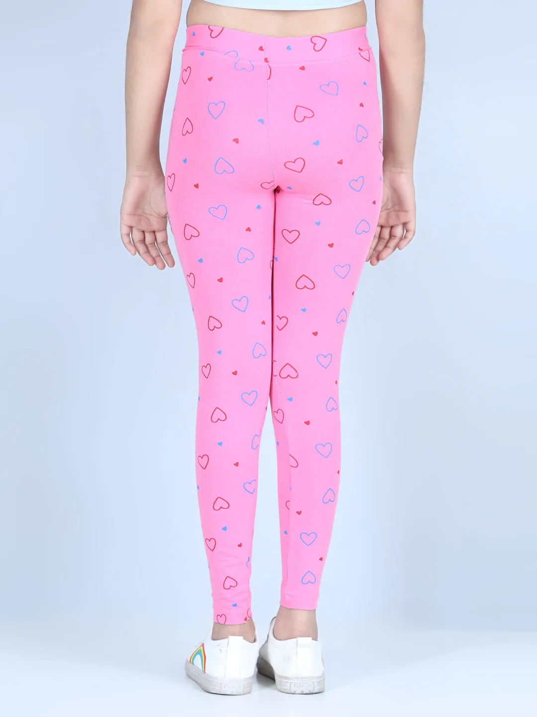 Girl's Heart Printed Leggings With Flat Waistband- Pink - Stylestone Kid