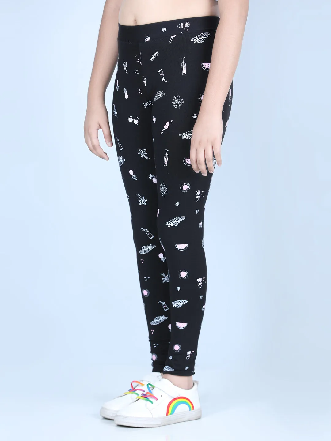 Girl's Holiday Inspired Printed Leggings With Flat Waistband- Black - Stylestone Kid