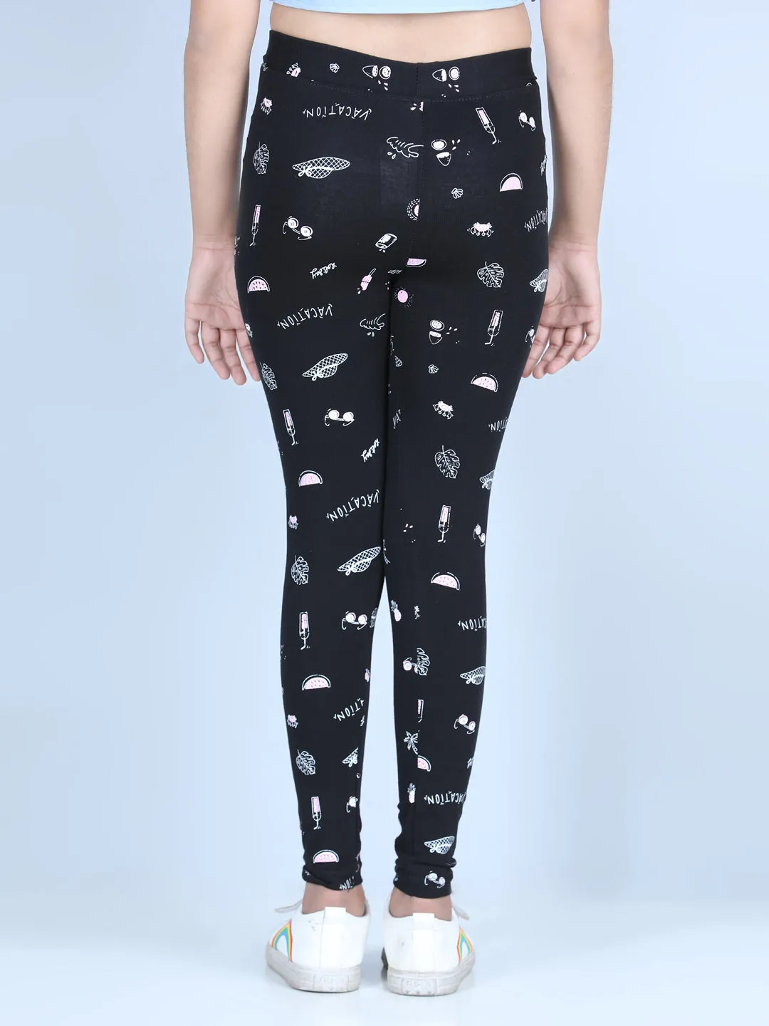 Girl's Holiday Inspired Printed Leggings With Flat Waistband- Black - Stylestone Kid