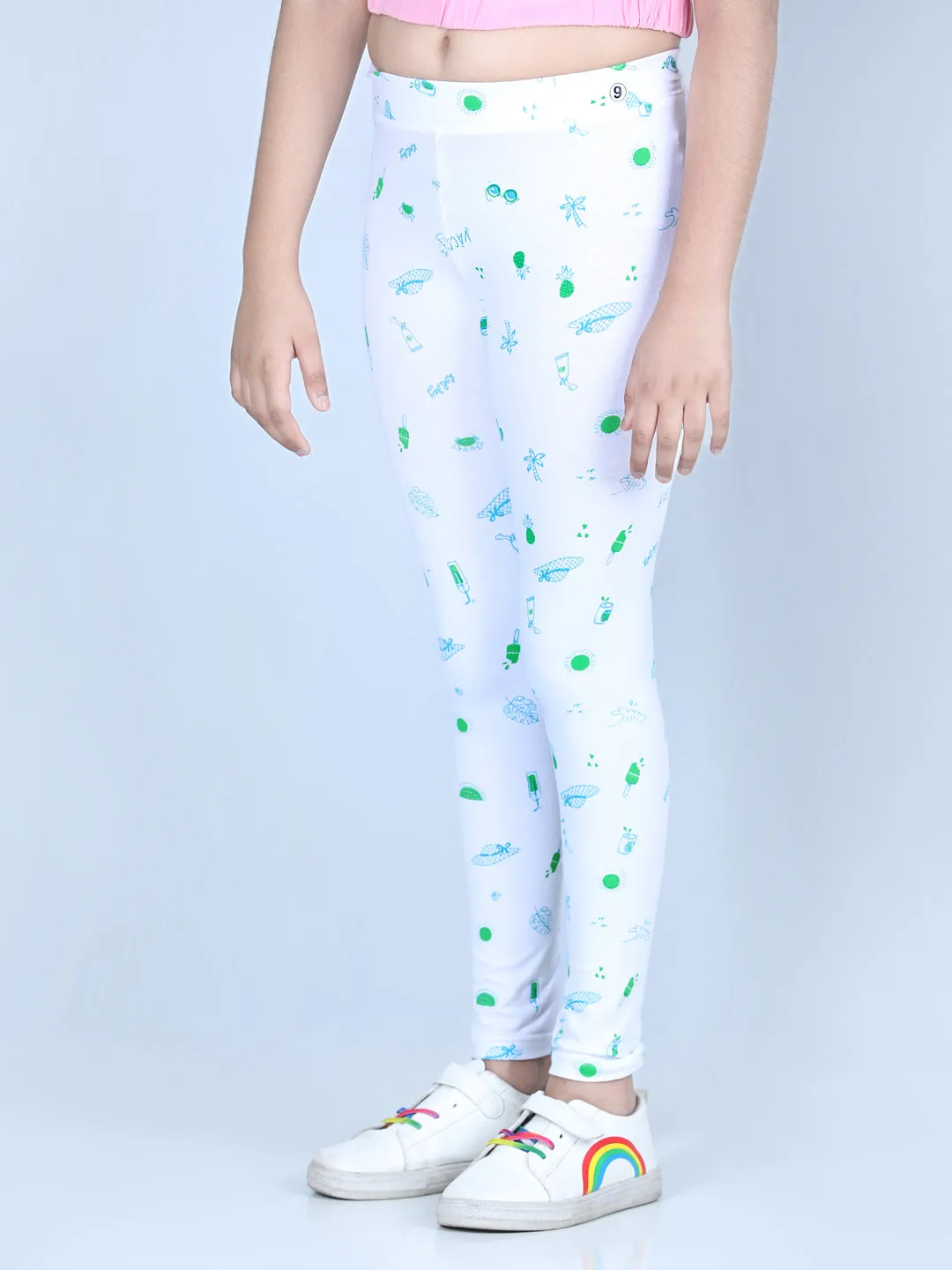 Girl's Holiday Inspired Printed Leggings With Flat Waistband- White - Stylestone Kid