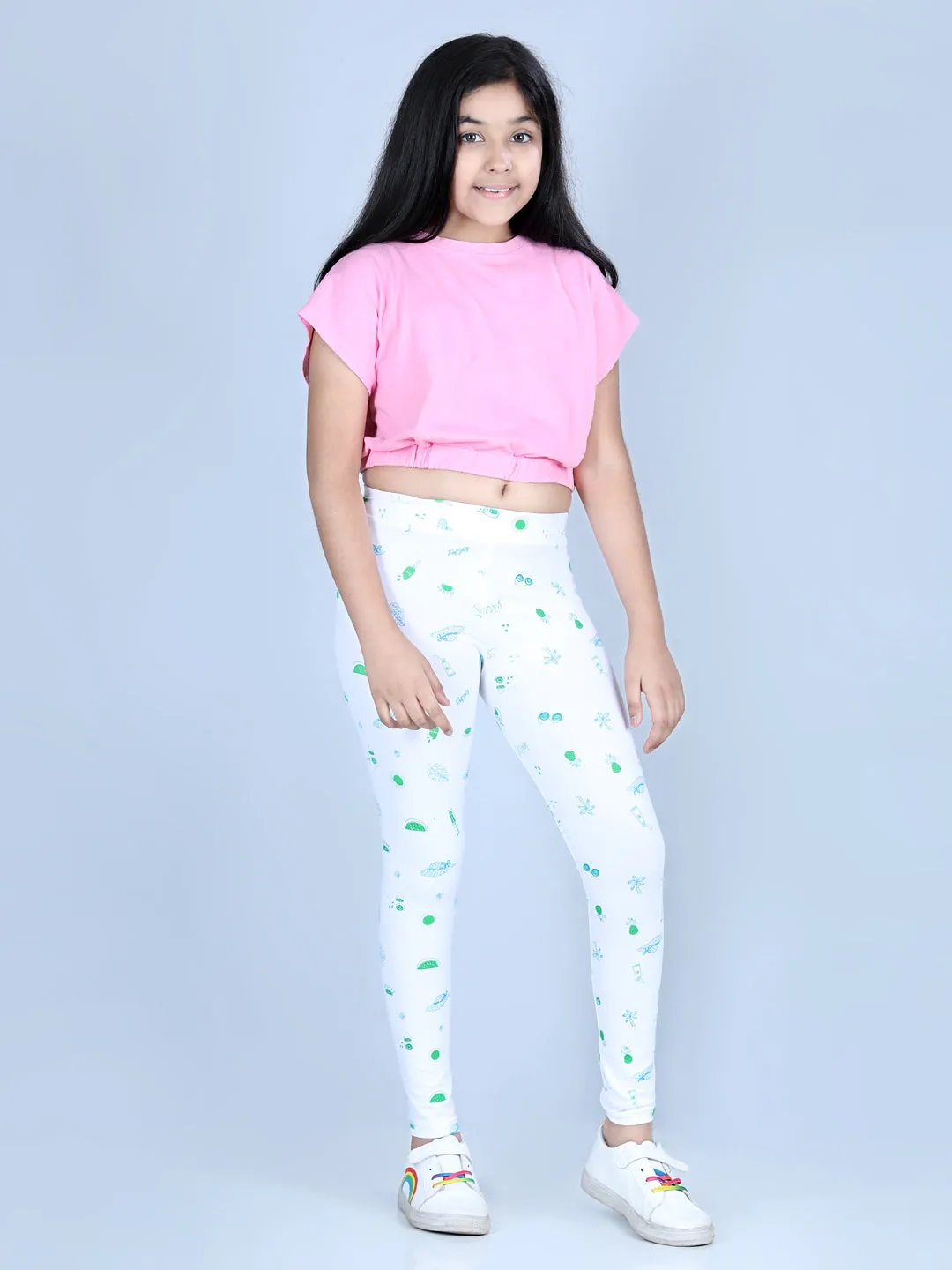 Girl's Holiday Inspired Printed Leggings With Flat Waistband- White - Stylestone Kid