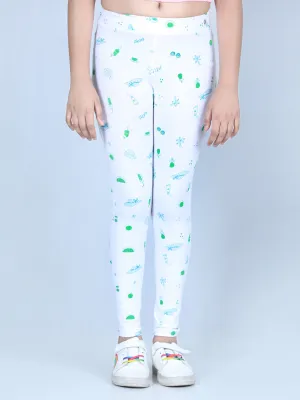 Girl's Holiday Inspired Printed Leggings With Flat Waistband- White - Stylestone Kid