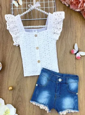 Girls Lace Flutter Sleeve Button Top and Denim Short Set