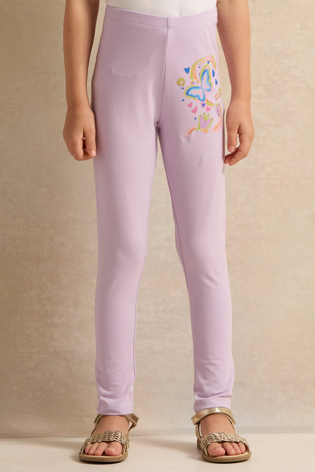 Girls Lilac Butterfly Print Leggings