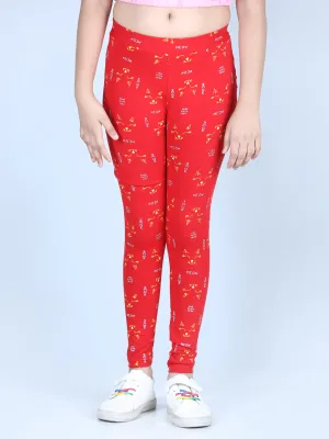 Girl's Meow Printed Leggings With Flat Waistband- Red - Stylestone Kid