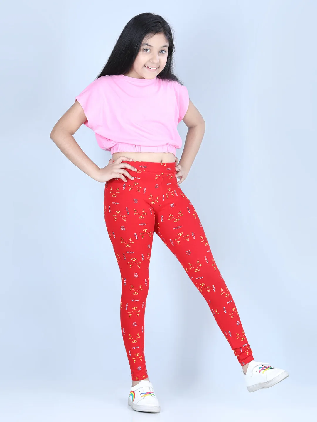 Girl's Meow Printed Leggings With Flat Waistband- Red - Stylestone Kid