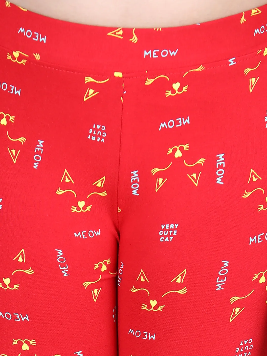 Girl's Meow Printed Leggings With Flat Waistband- Red - Stylestone Kid