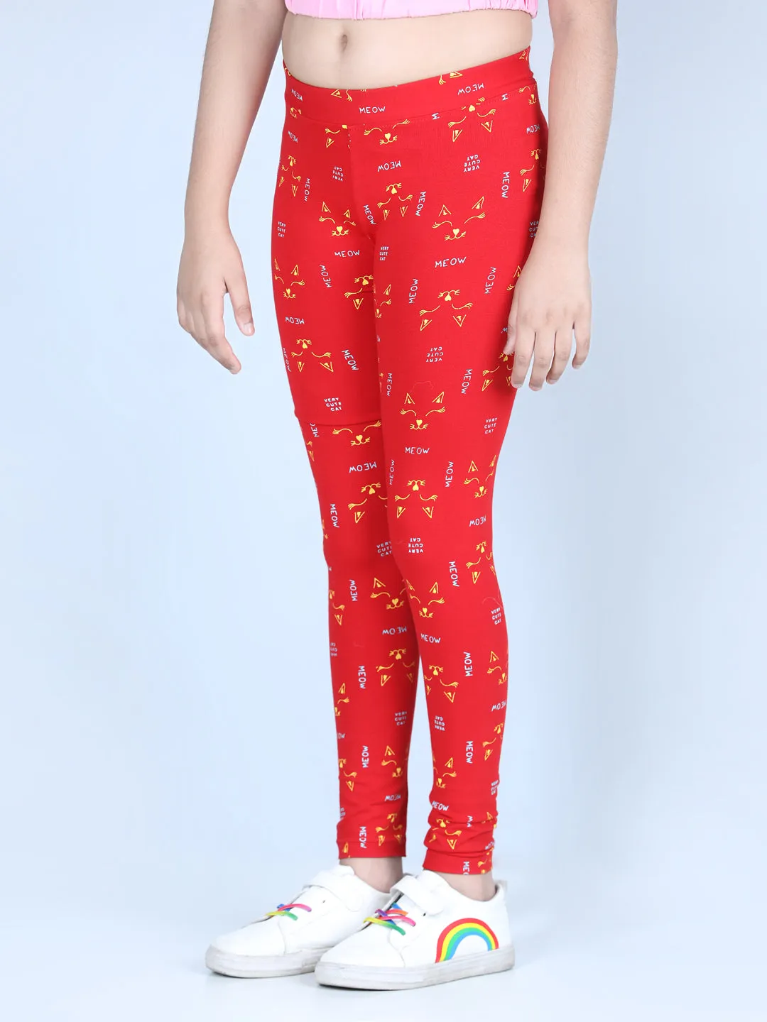 Girl's Meow Printed Leggings With Flat Waistband- Red - Stylestone Kid