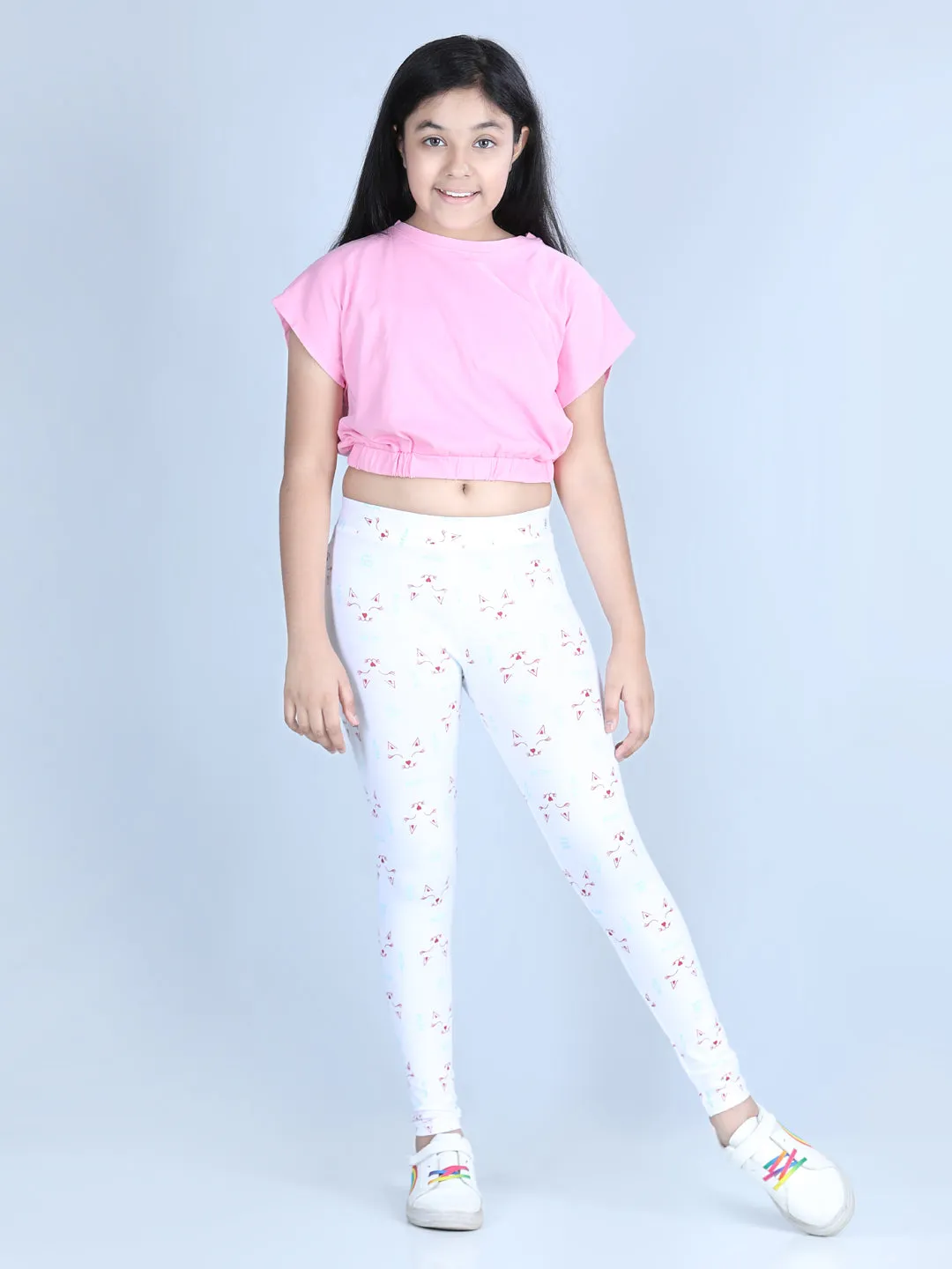 Girl's Meow Printed Leggings With Flat Waistband- White - Stylestone Kid