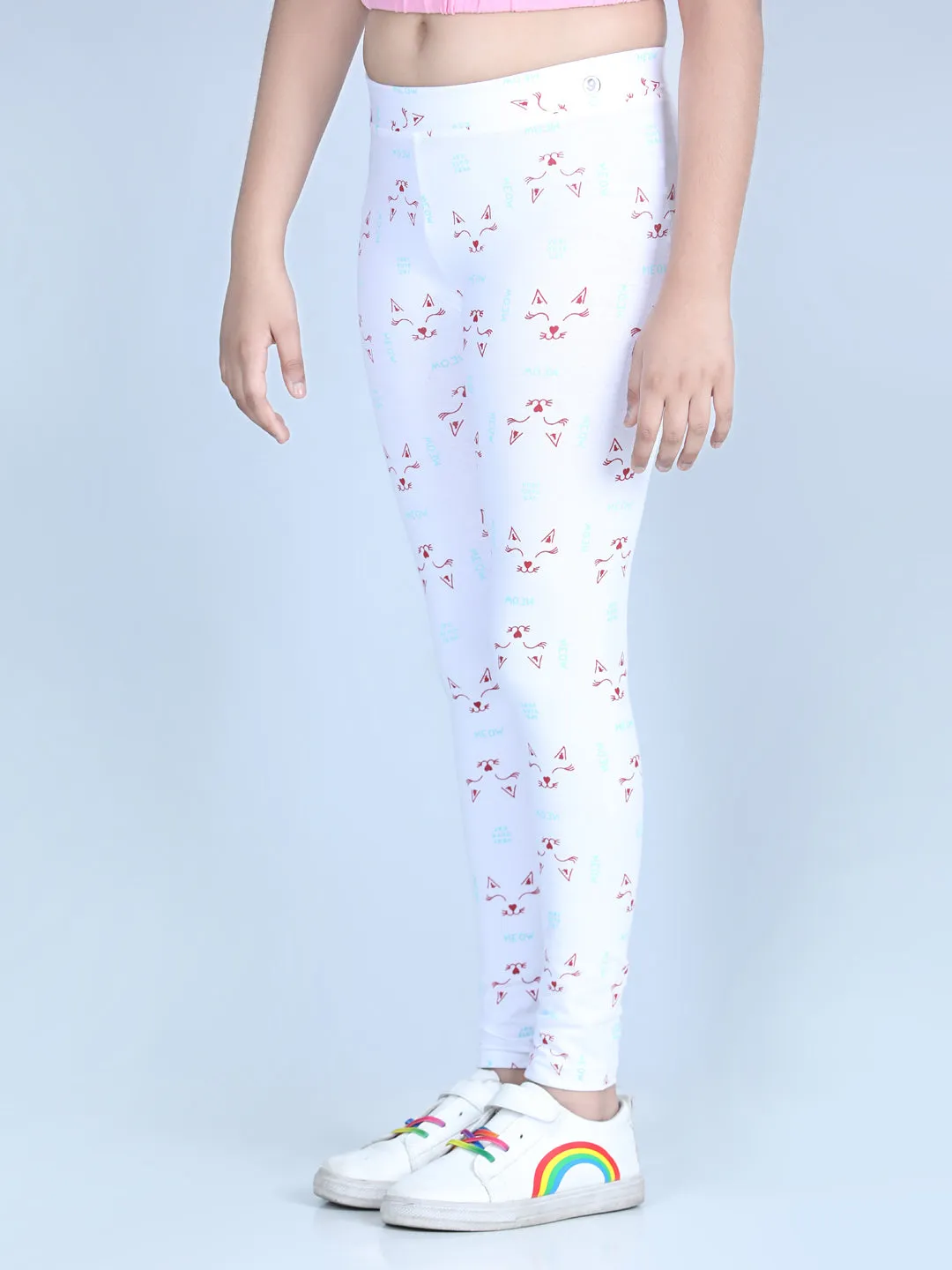 Girl's Meow Printed Leggings With Flat Waistband- White - Stylestone Kid