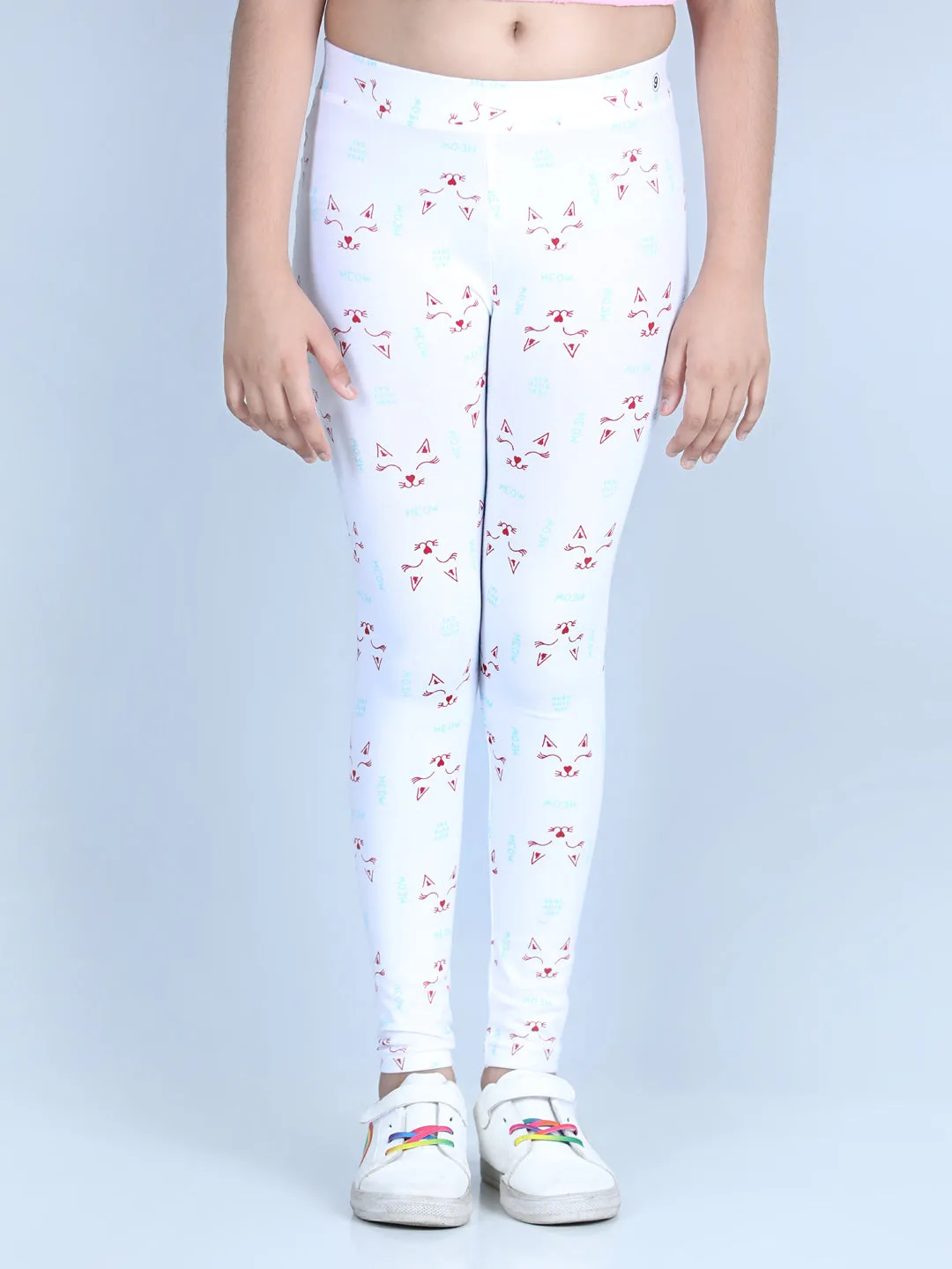 Girl's Meow Printed Leggings With Flat Waistband- White - Stylestone Kid