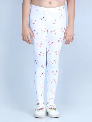 Girl's Meow Printed Leggings With Flat Waistband- White - Stylestone Kid