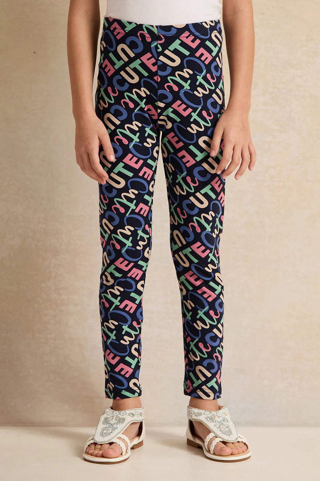 Girls Navy Printed Leggings