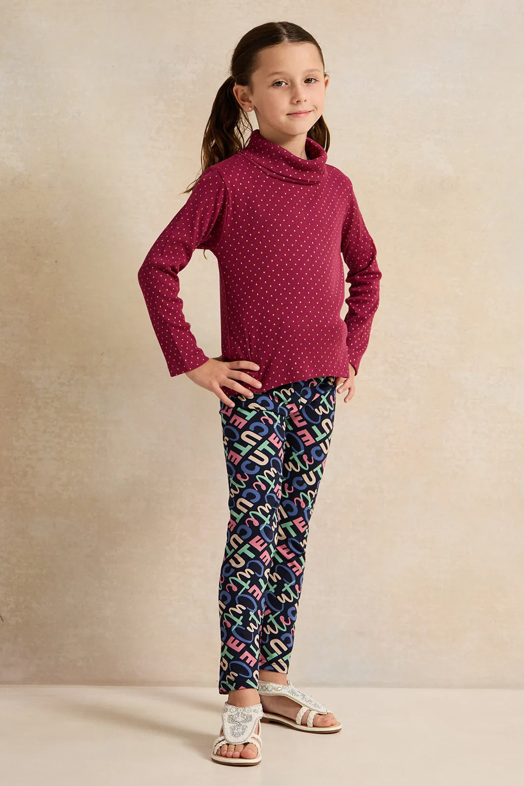 Girls Navy Printed Leggings