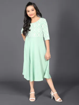 Girl's Pastle Green Schiffli Design Midi Dress - Aks Girls