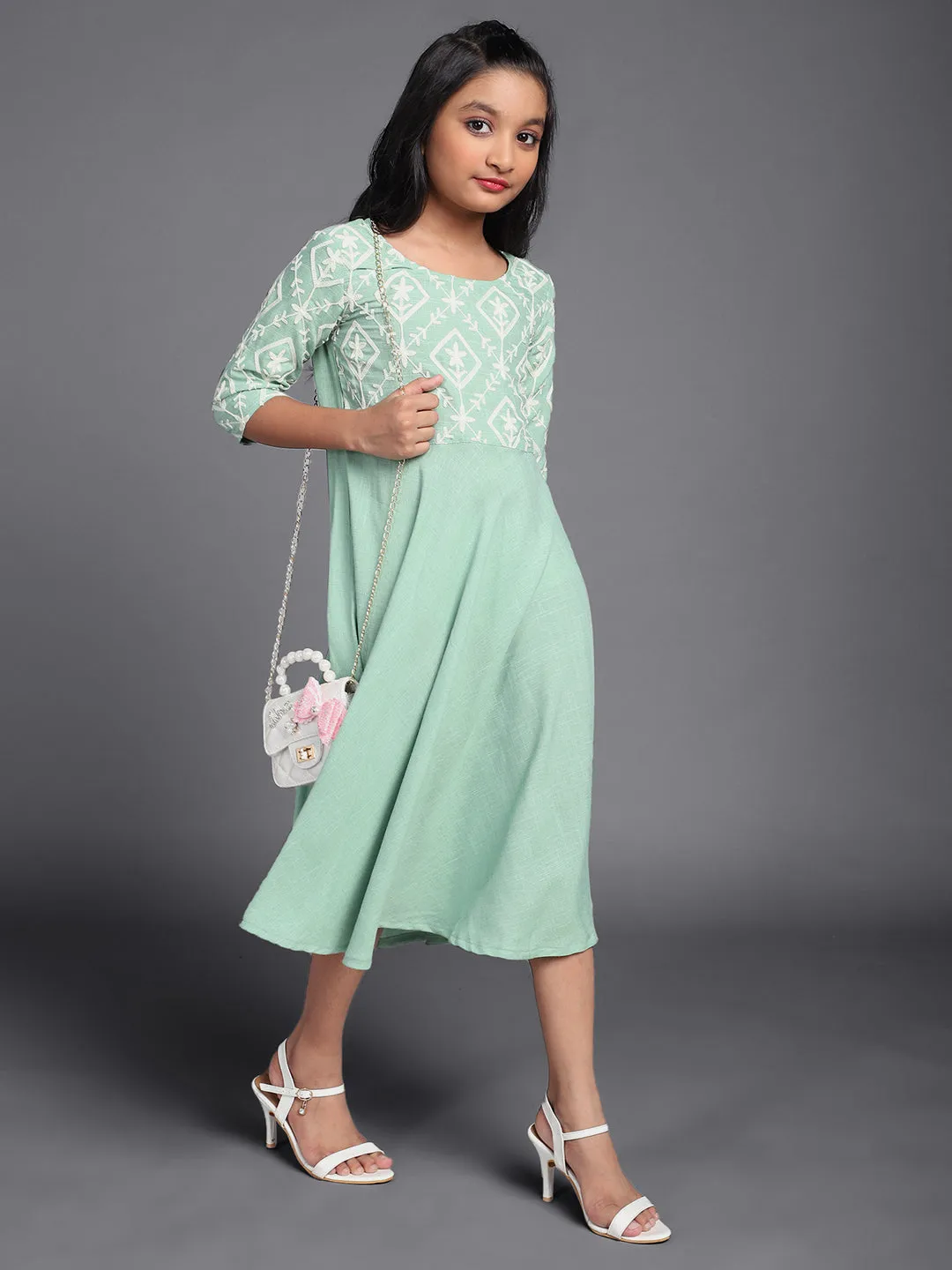 Girl's Pastle Green Schiffli Design Midi Dress - Aks Girls