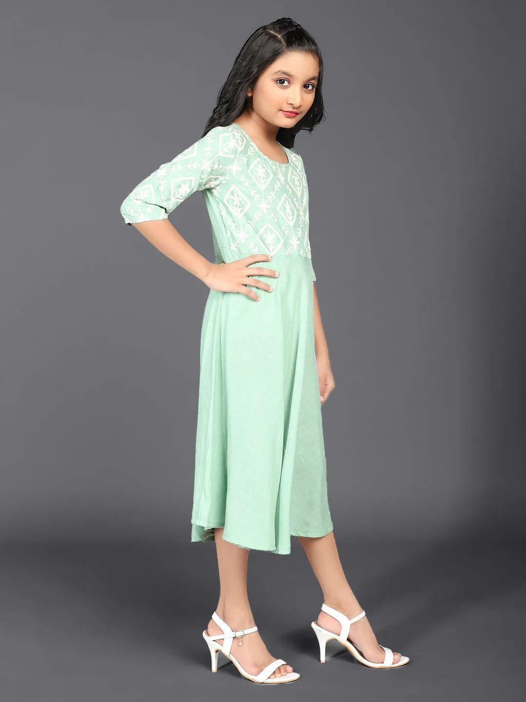 Girl's Pastle Green Schiffli Design Midi Dress - Aks Girls