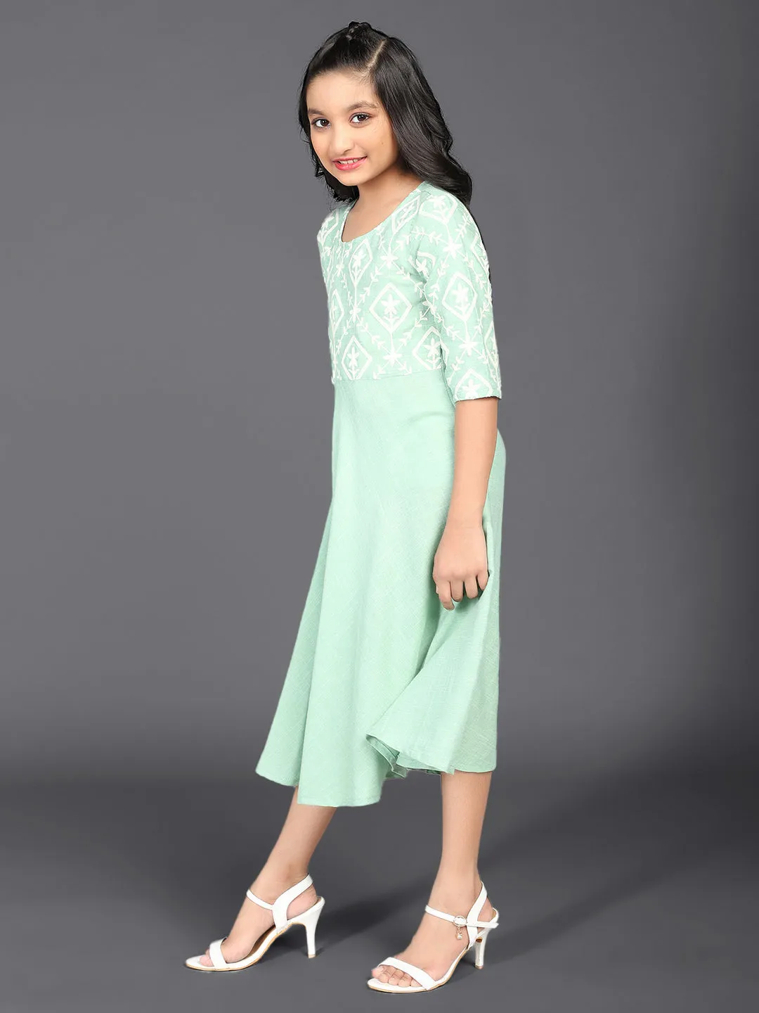 Girl's Pastle Green Schiffli Design Midi Dress - Aks Girls