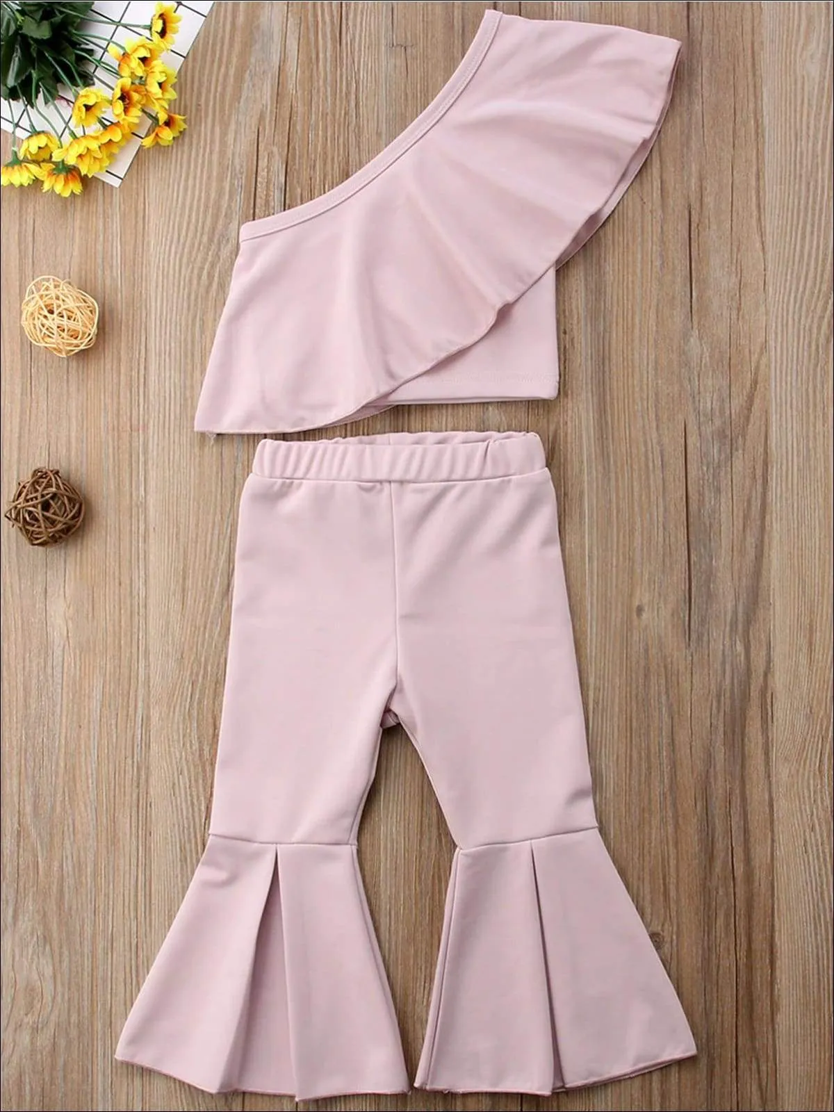 Girls Pink One Shoulder Ruffled Top And Bell Bottom Pants Set