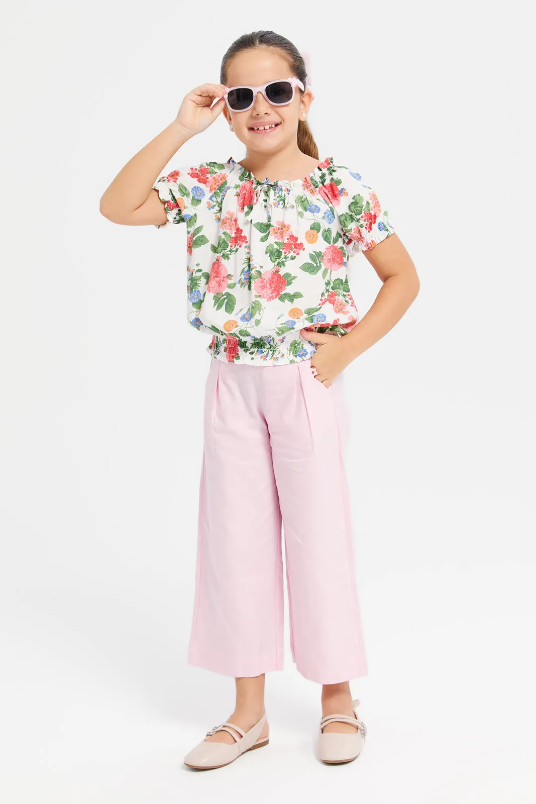 Girls Pink Plain Lyocell Wide Leg Trouser