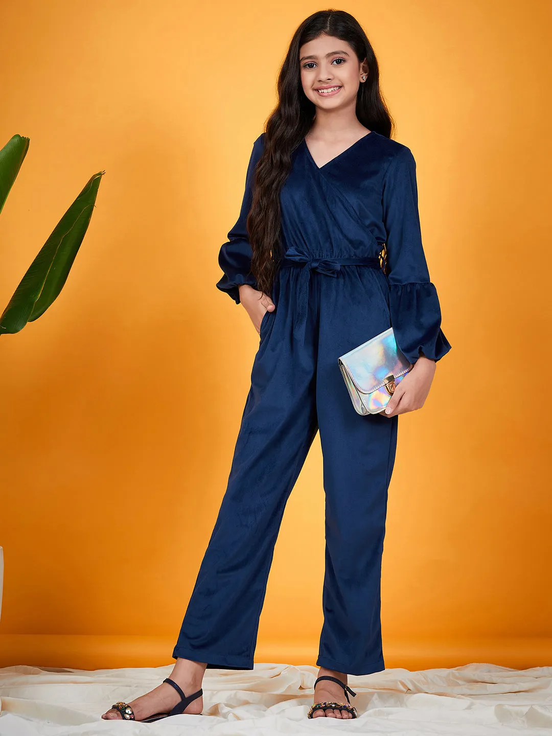 Girls Puff Sleeves Waist Tie Ups Basic Jumpsuit - Ps Peaches