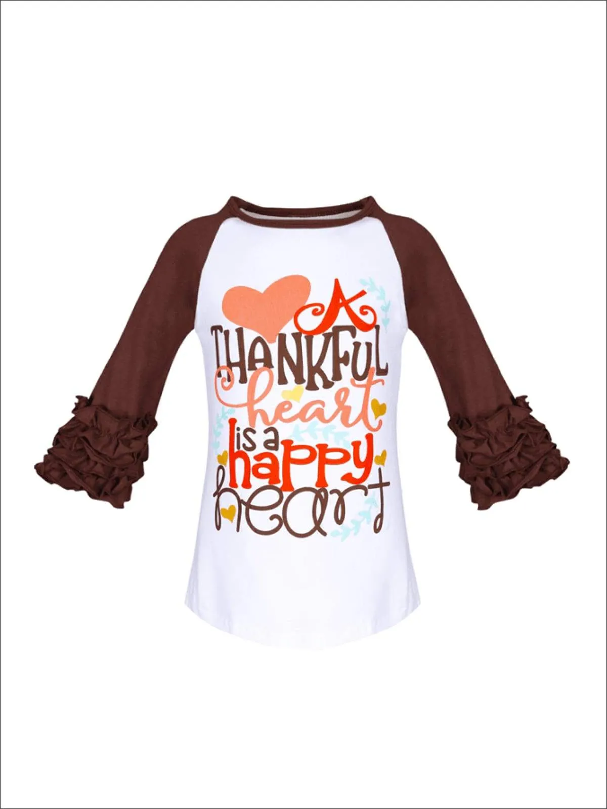 Girls "A Thankful Heart is a Happy Heart" Graphic Raglan Top with 3/4 Ruffled Sleeves