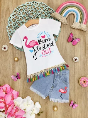 Girls "Born to Stand Out" Flamingo Top & Denim Shorts Set