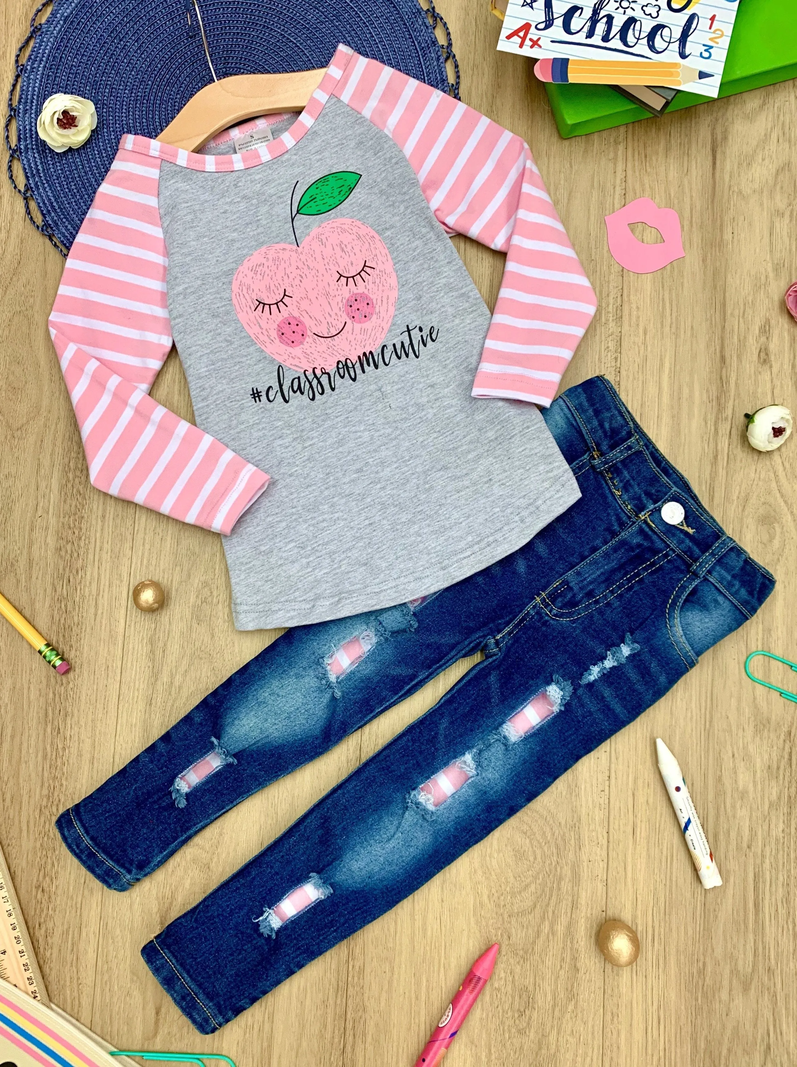 Girls "Classroom Cutie" Raglan Top and Apple Patched Jeans Set