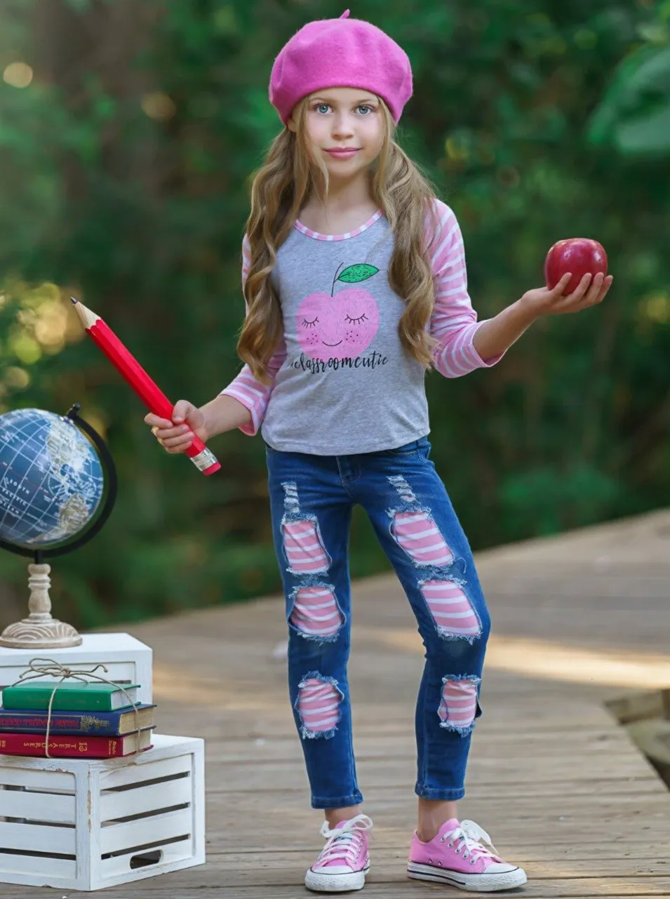 Girls "Classroom Cutie" Raglan Top and Apple Patched Jeans Set