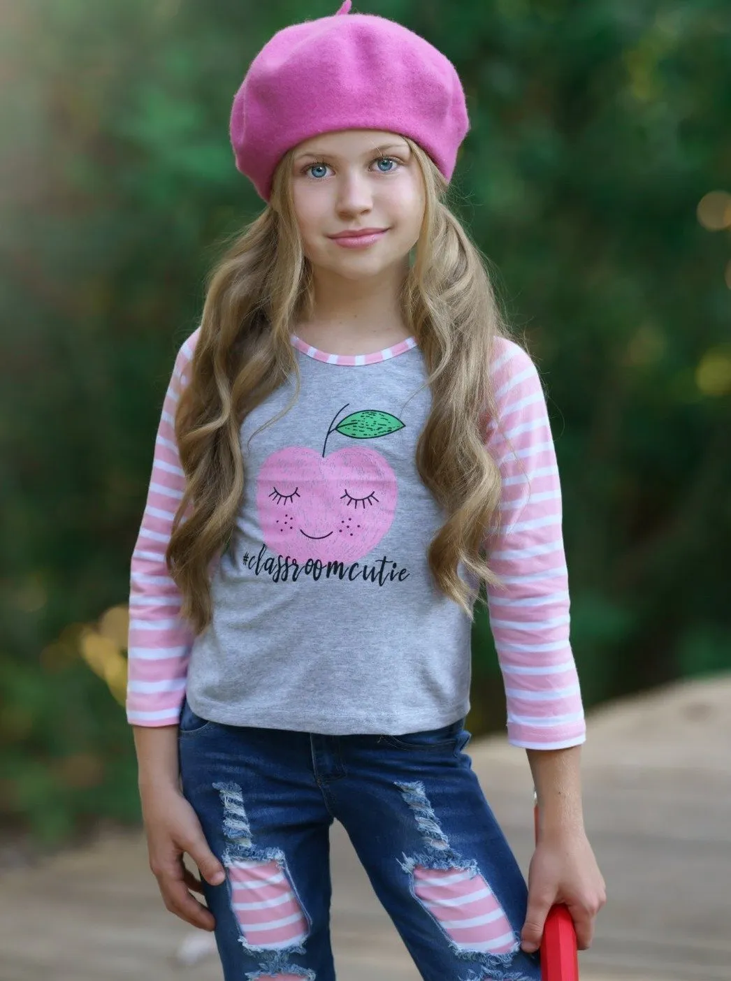 Girls "Classroom Cutie" Raglan Top and Apple Patched Jeans Set