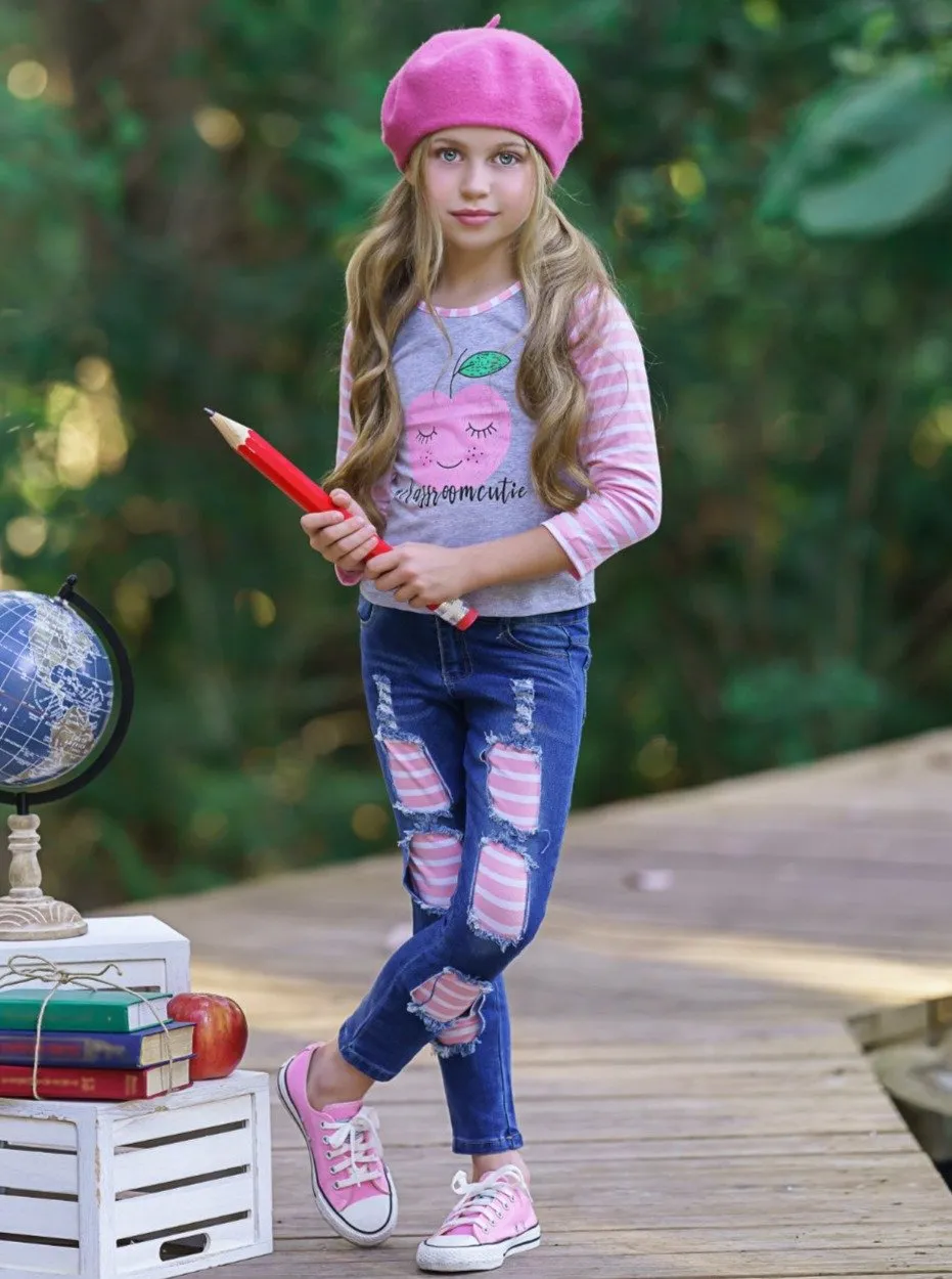 Girls "Classroom Cutie" Raglan Top and Apple Patched Jeans Set