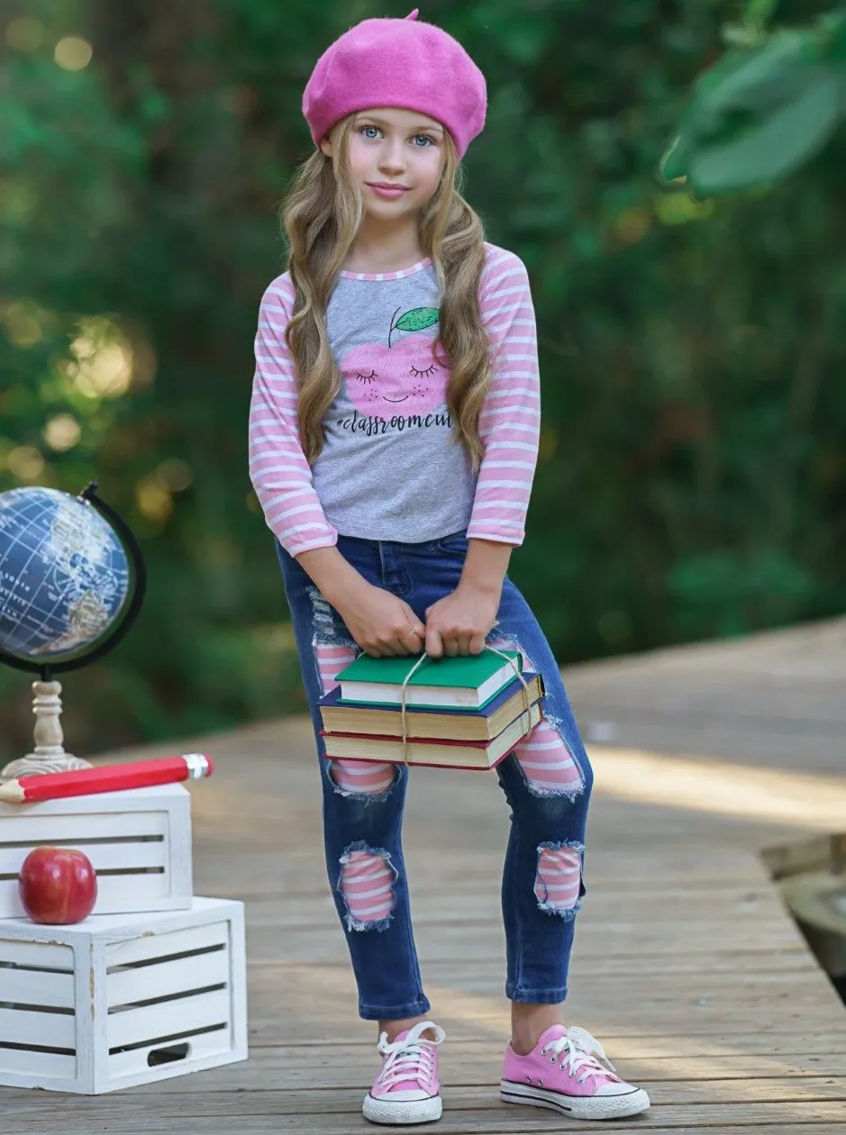 Girls "Classroom Cutie" Raglan Top and Apple Patched Jeans Set