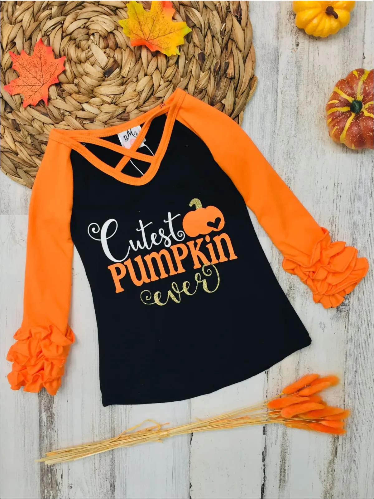 Girls "Cutest Pumpkin Ever" Cross Front Long Ruffled Raglan Sleeve Top