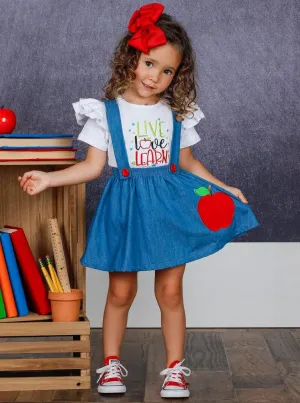 Girls "Live Love Learn" Ruffled Top and Apple Denim Suspender Skirt Set