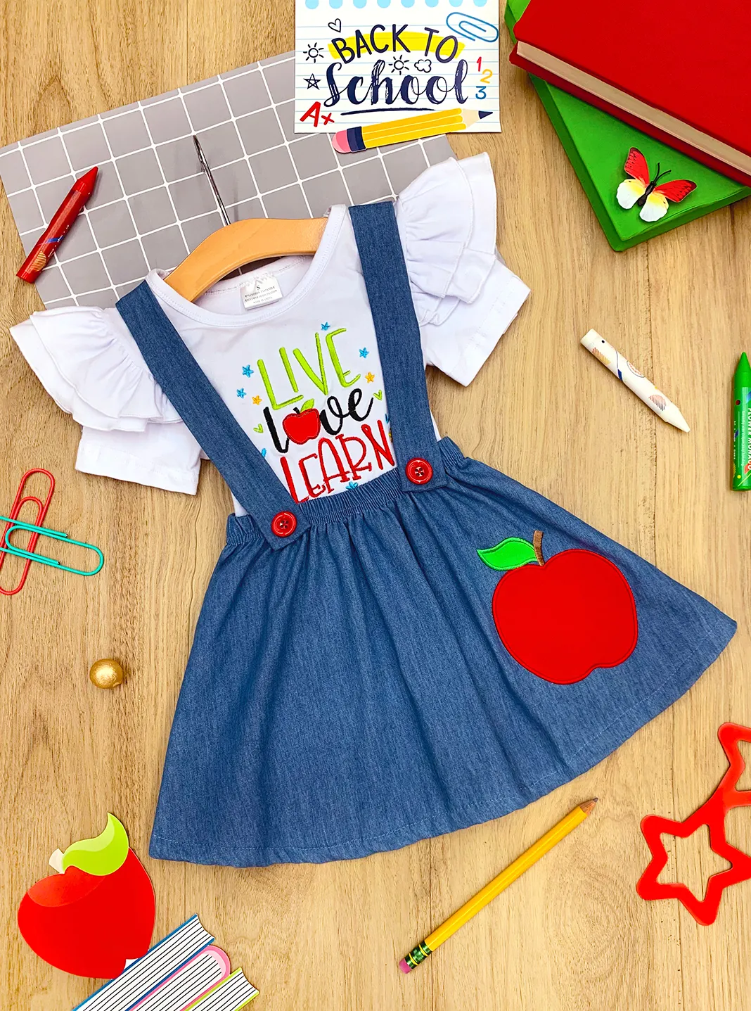 Girls "Live Love Learn" Ruffled Top and Apple Denim Suspender Skirt Set