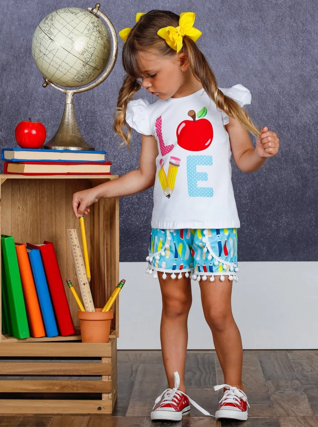 Girls "Love" Apple Ruffled Top and Pencil Pom Pom Short Set