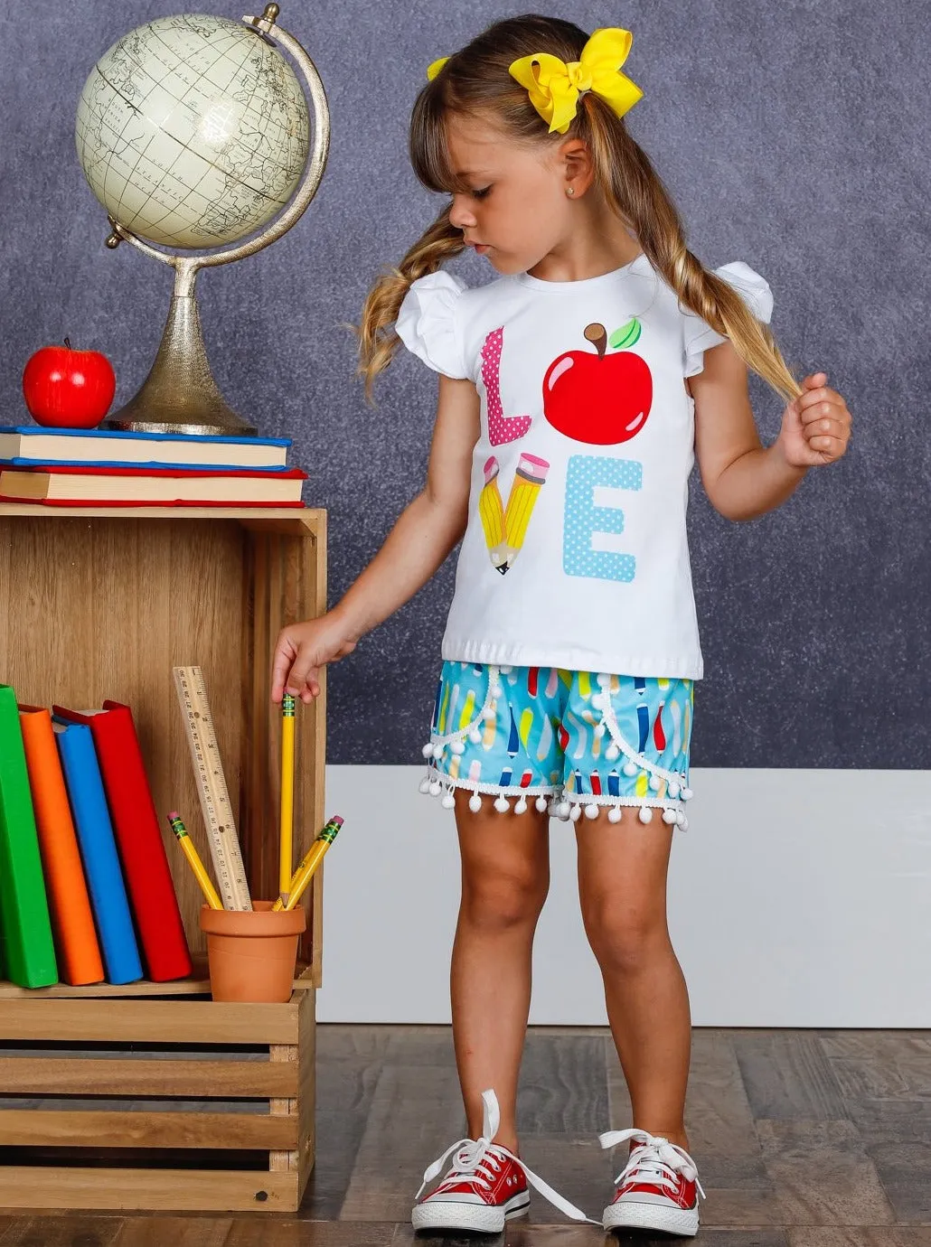 Girls "Love" Apple Ruffled Top and Pencil Pom Pom Short Set