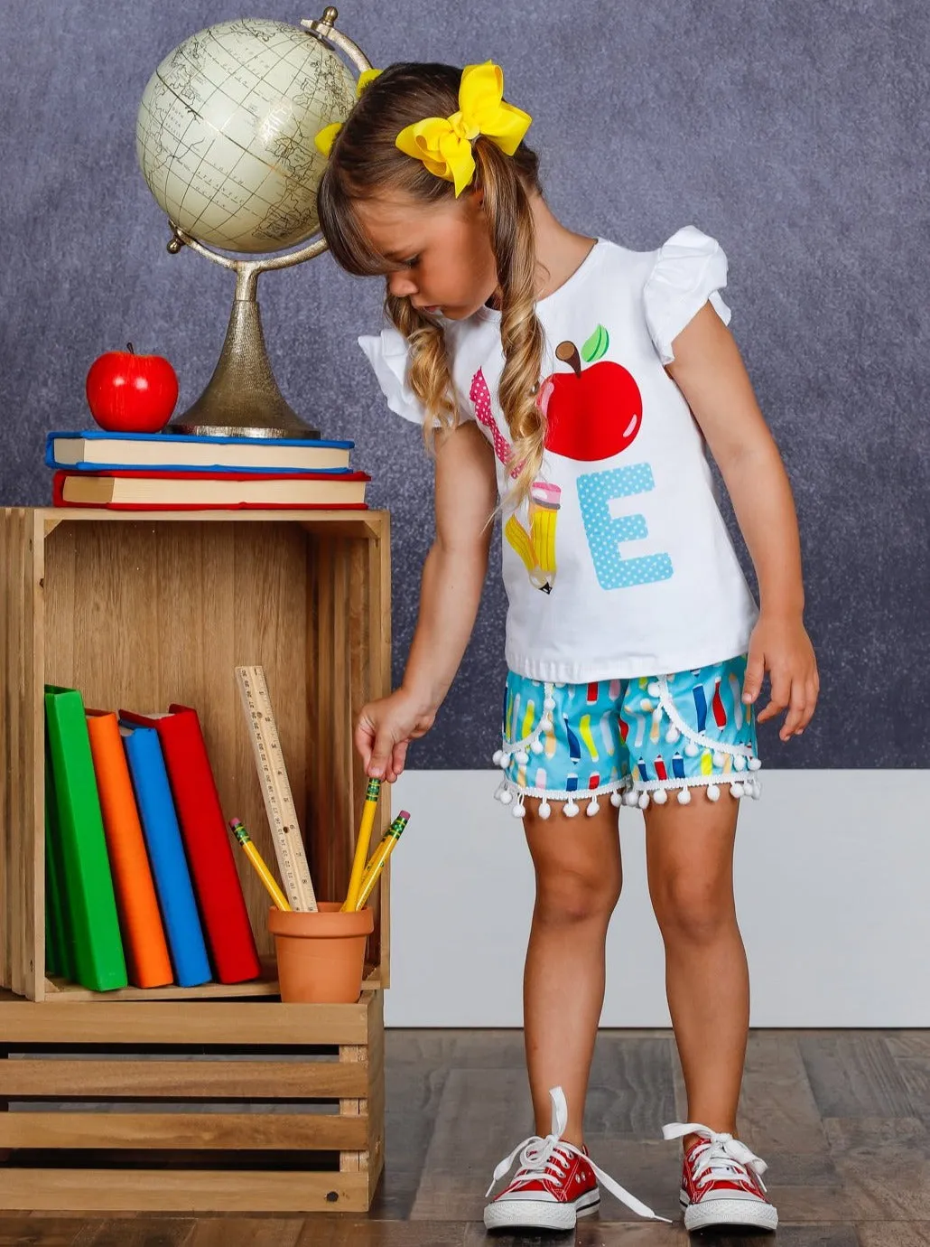 Girls "Love" Apple Ruffled Top and Pencil Pom Pom Short Set