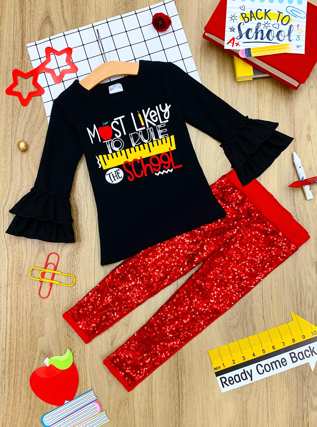 Girls "Most Likely to Rule the School" Double Ruffle Sleeve Top and Sequin Leggings Set