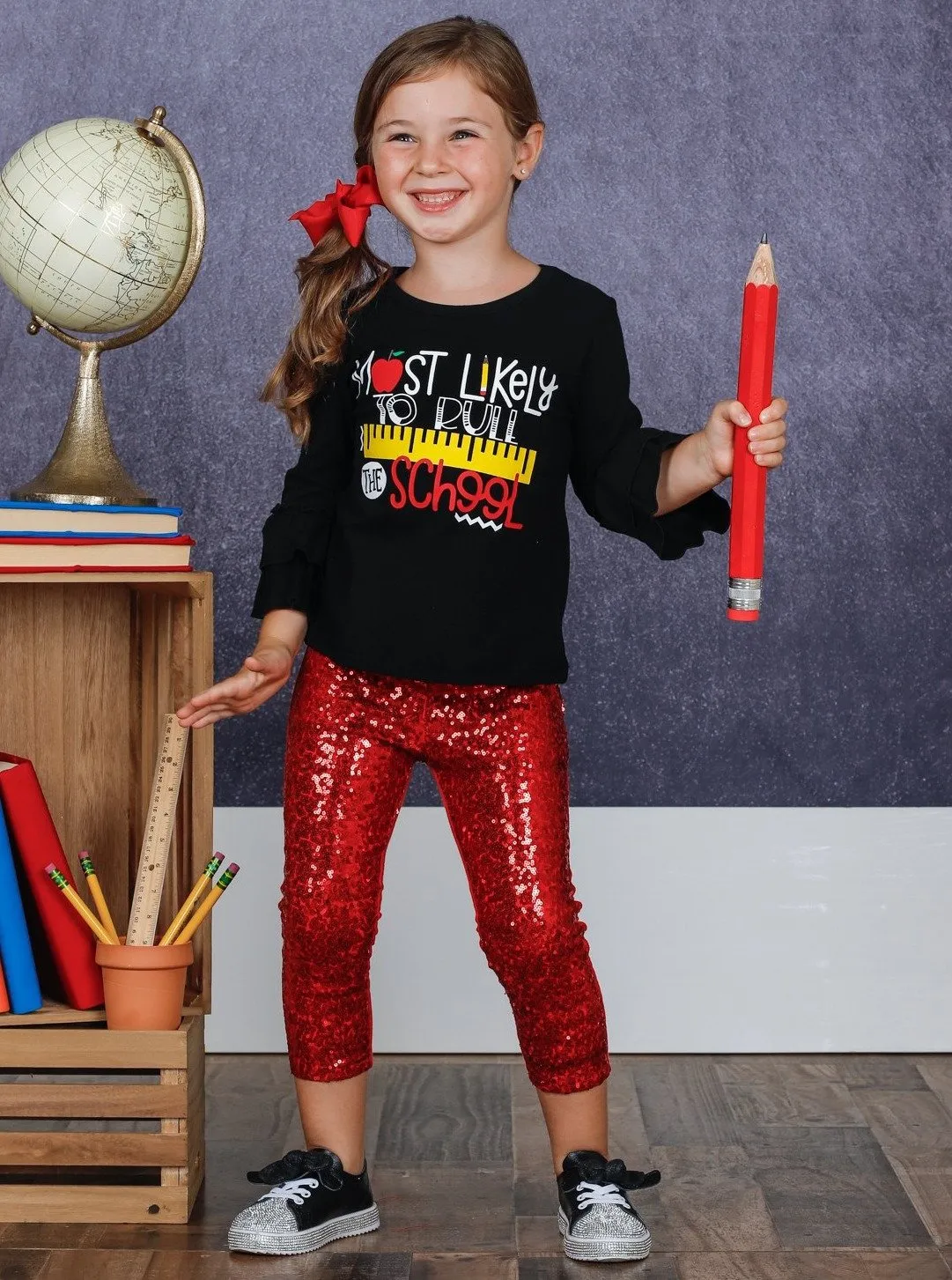 Girls "Most Likely to Rule the School" Double Ruffle Sleeve Top and Sequin Leggings Set