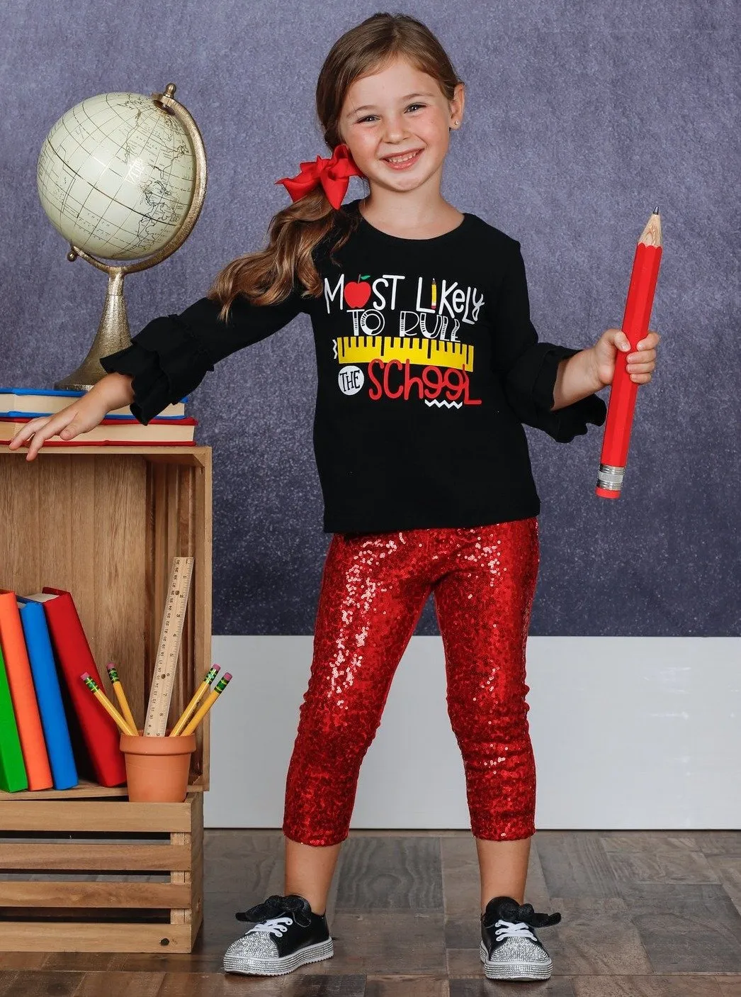 Girls "Most Likely to Rule the School" Double Ruffle Sleeve Top and Sequin Leggings Set