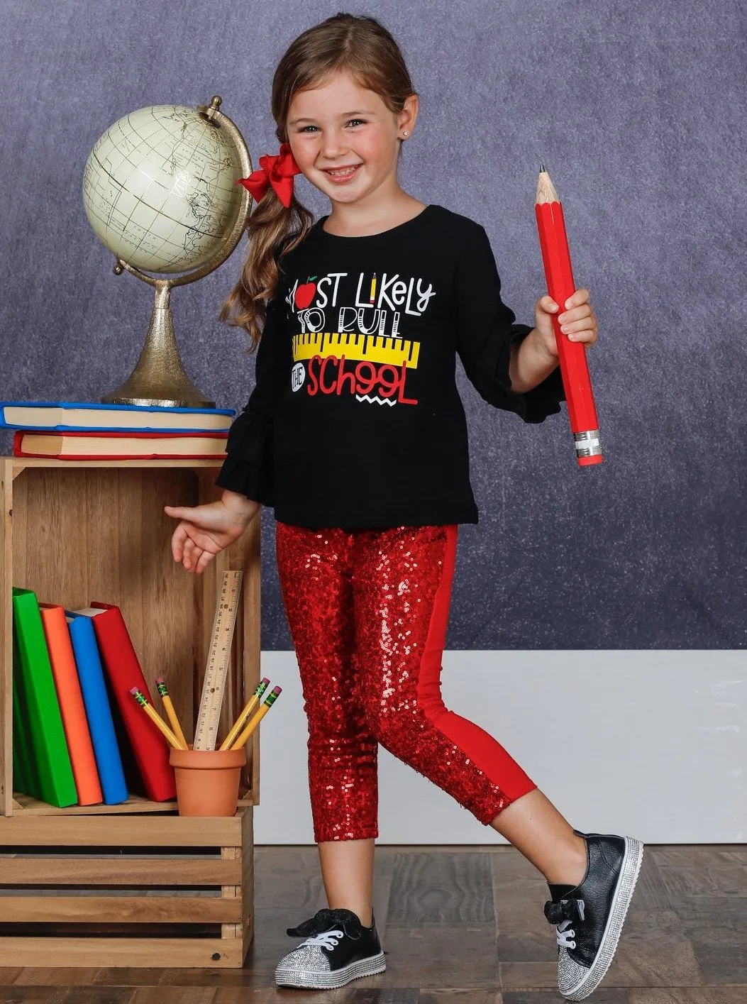 Girls "Most Likely to Rule the School" Double Ruffle Sleeve Top and Sequin Leggings Set