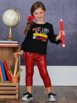 Girls "Most Likely to Rule the School" Double Ruffle Sleeve Top and Sequin Leggings Set