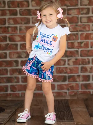 Girls "Ready to Rule the School" Top and Printed Pom Pom Shorts Set