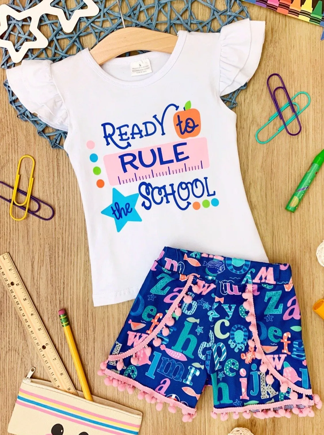 Girls "Ready to Rule the School" Top and Printed Pom Pom Shorts Set