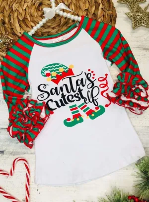 Girls "Santa's Cutest Elf" Striped Ruffled Top