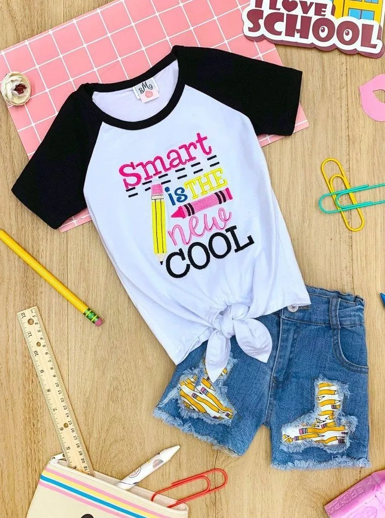 Girls "Smart is the New Cool" Top and Patched Denim Shorts Set