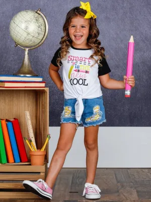 Girls "Smart is the New Cool" Top and Patched Denim Shorts Set