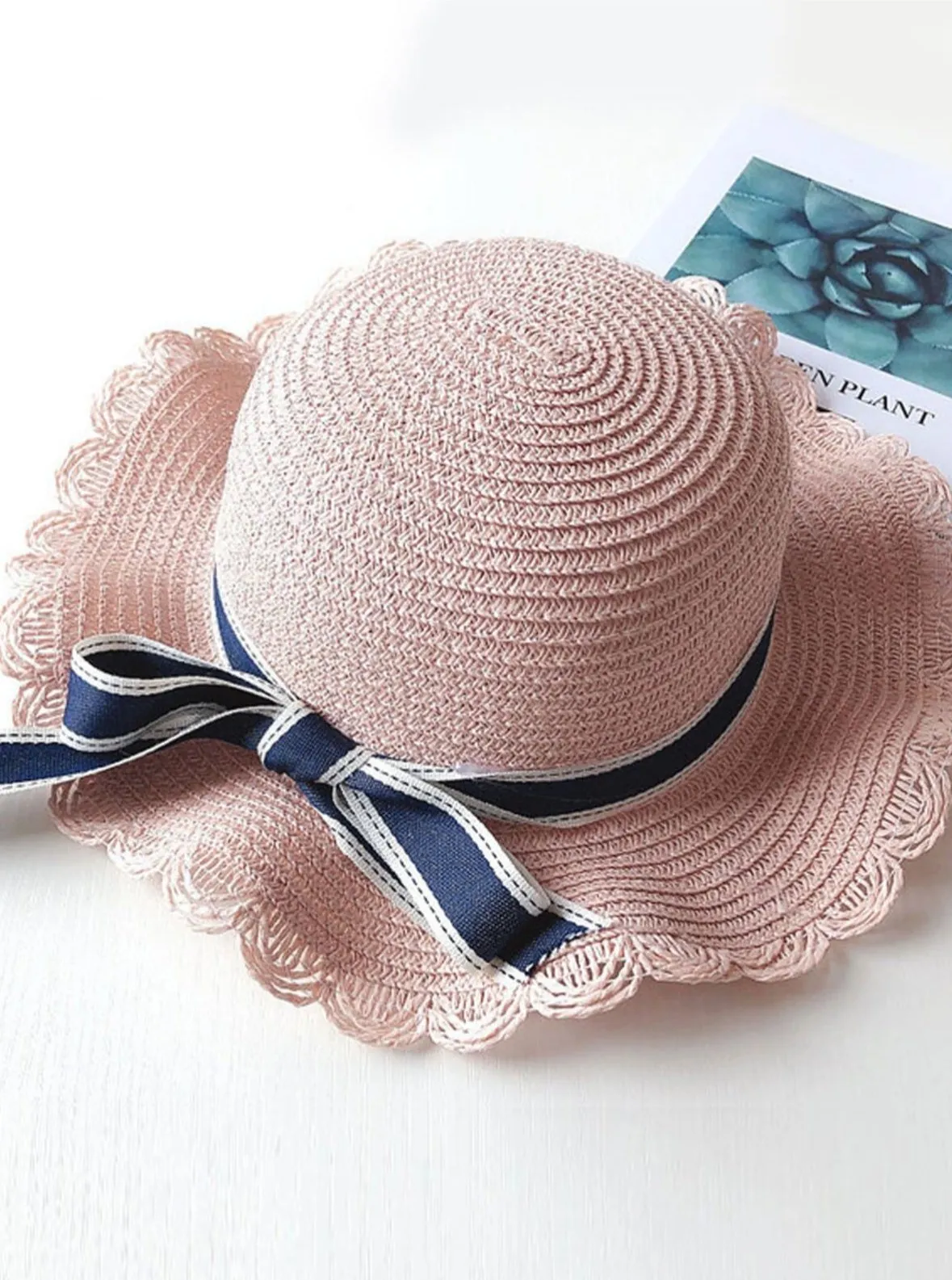 Girls Ruffled Wave Ribbon Banded Straw Hat